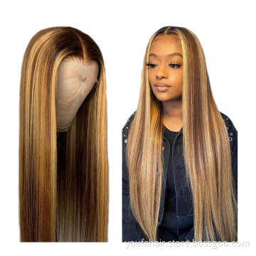 Blonde 30 Inch Long Straight Brown 4X4 Transparent Lace Highlighted Human Hair Wigs 10a Piano Highlight Wig 100% Virgin Hair